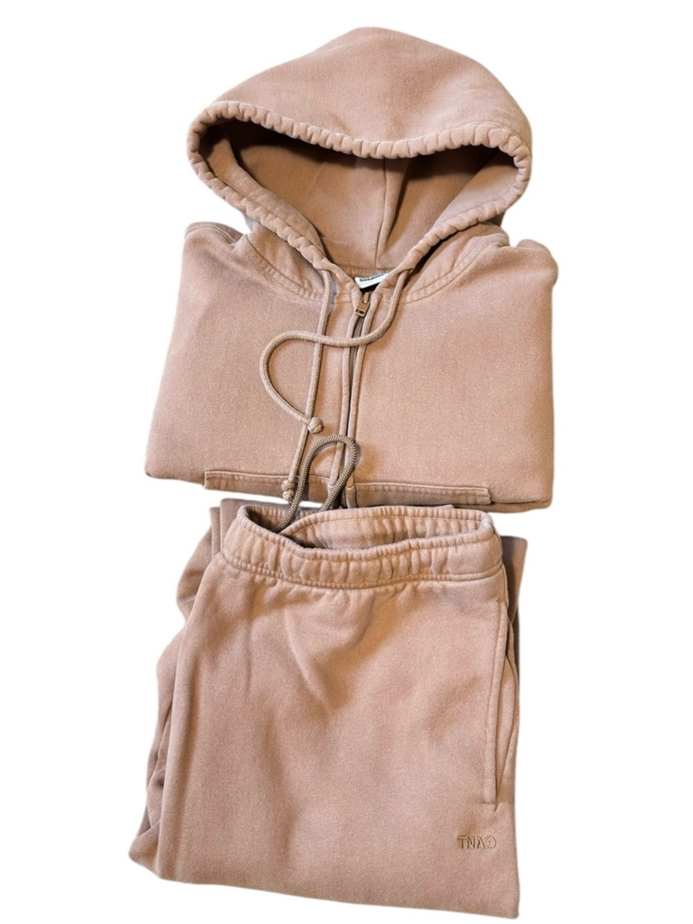 TNA Aritzia Sweatfleece Cozy Fleece Hoodie & Jogger Set Camel Taupe L